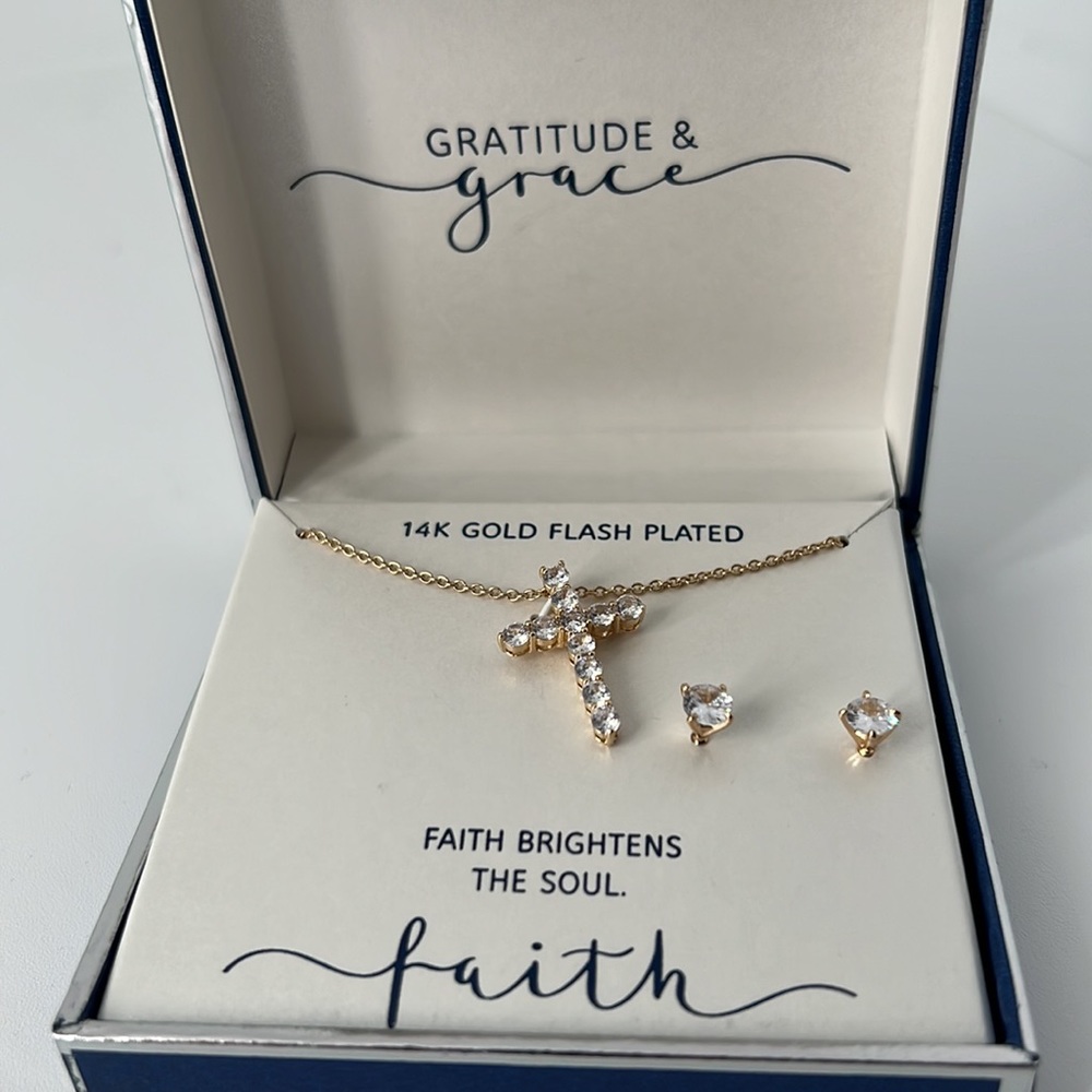 NWT GRATITUDE & GRACE 14K GOLD PLATED CROSS CZ NECKLACE + EARRINGS SET